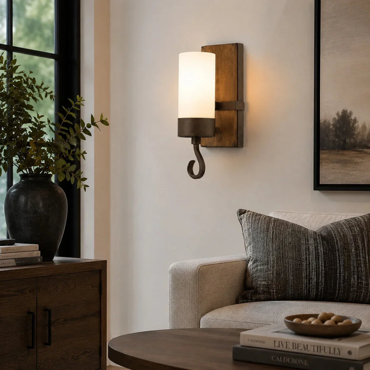 Rustic Farmhouse Candle Wall Sconce with Wood Backplate | Souliia