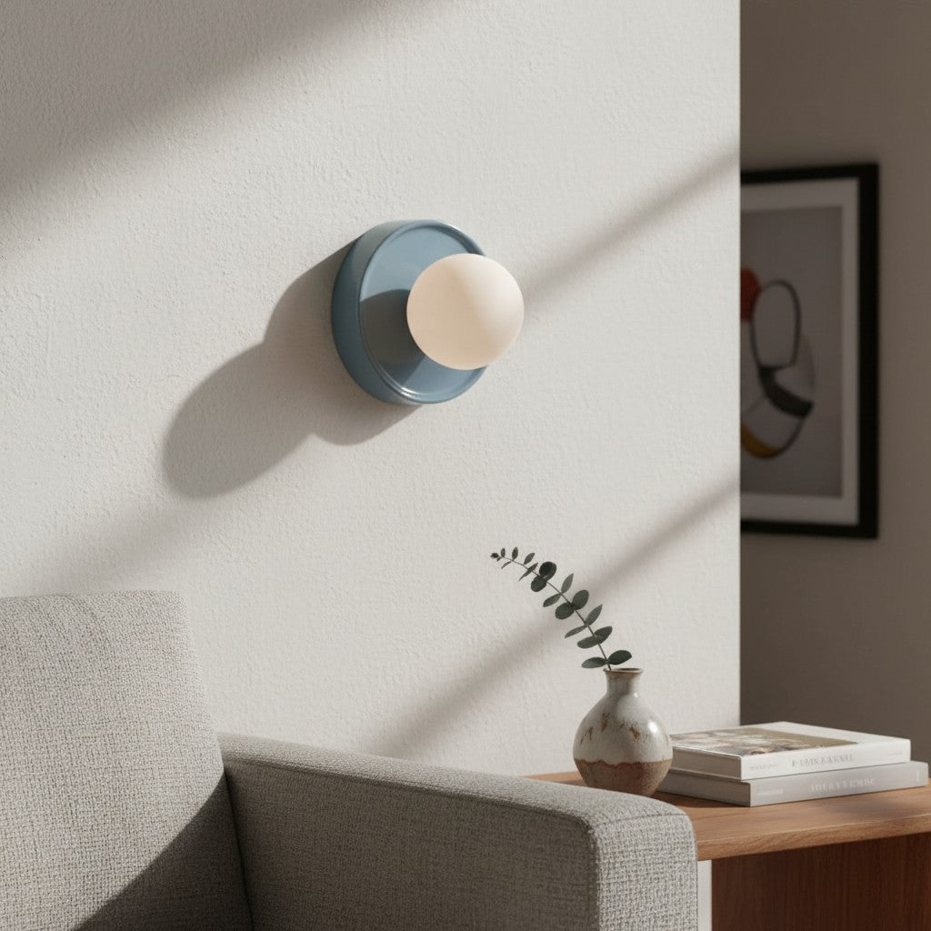 Solna Minimalist Round Glass Wall Sconce with Ceramic Base for Bedroom and Hallway | Souliia