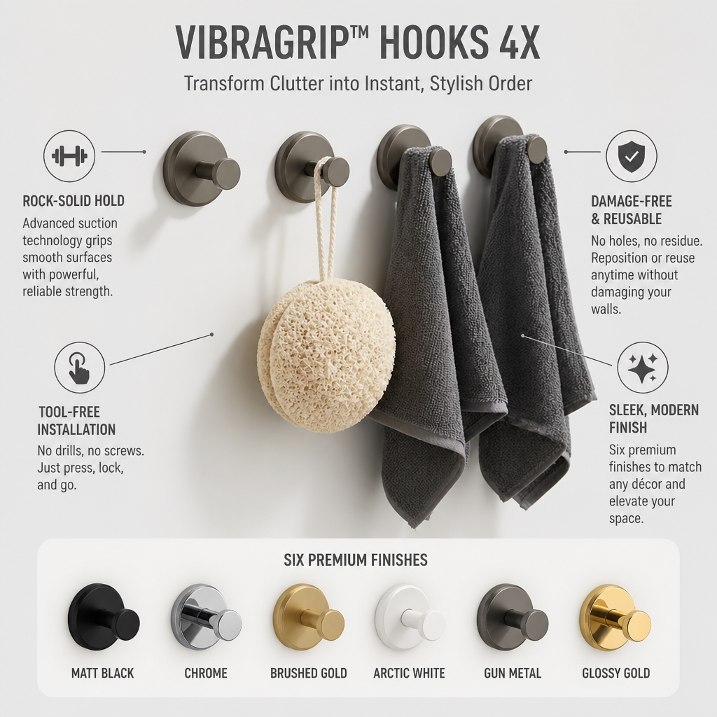 VibraGrip Hooks 4X — Transform Clutter into Instant, Stylish Order Without a Single Nail - Souliia