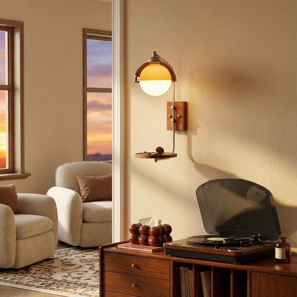 Sunset Glow Moderne Wandleuchte mit Acrylschirm und Holzstruktur-Basis für Schlafzimmer, Flur, Wohnzimmer | Souliia