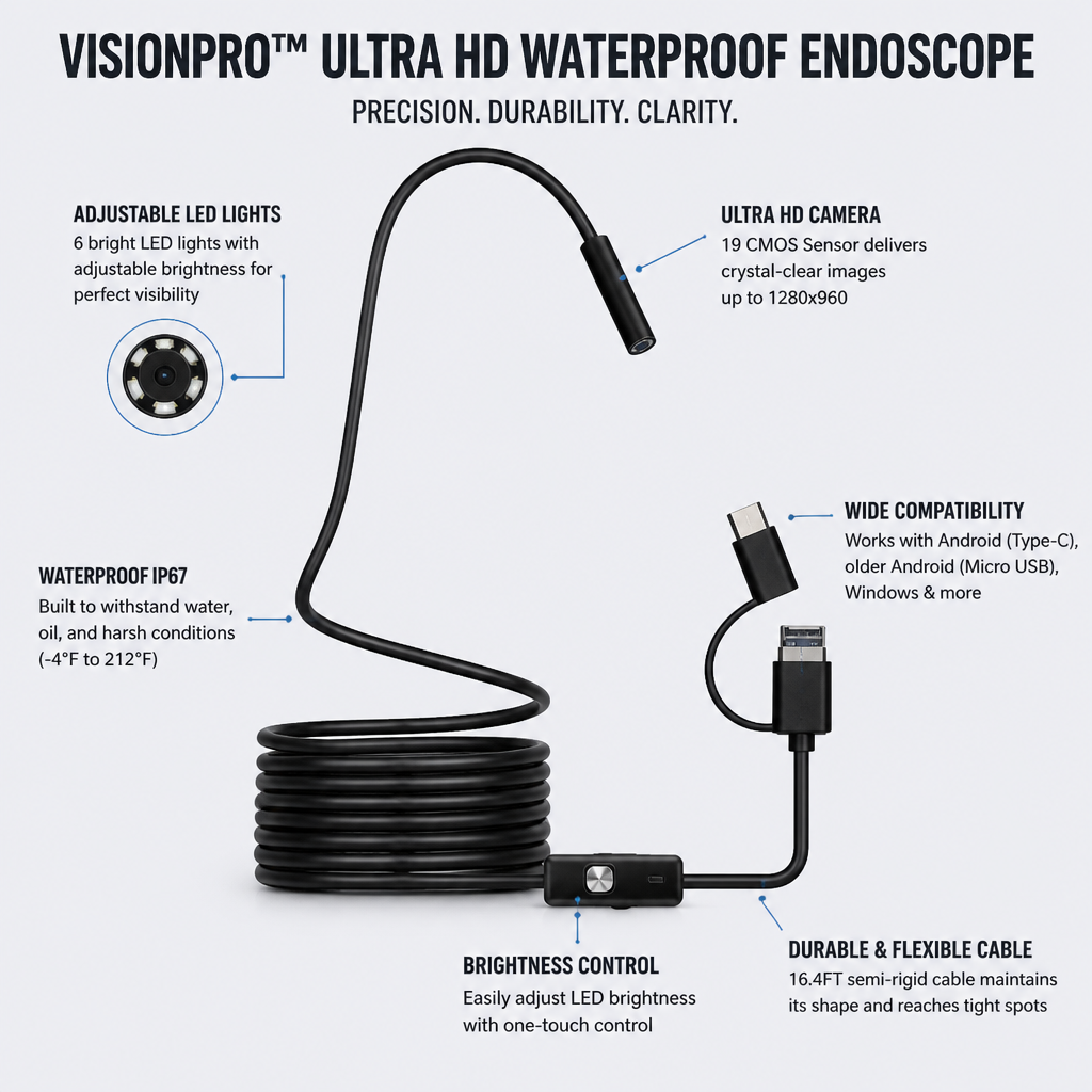 VisionPro Ultra HD Waterproof Endoscope — Spot Every Hidden Flaw with Rock-Solid Clarity and Durability - Souliia