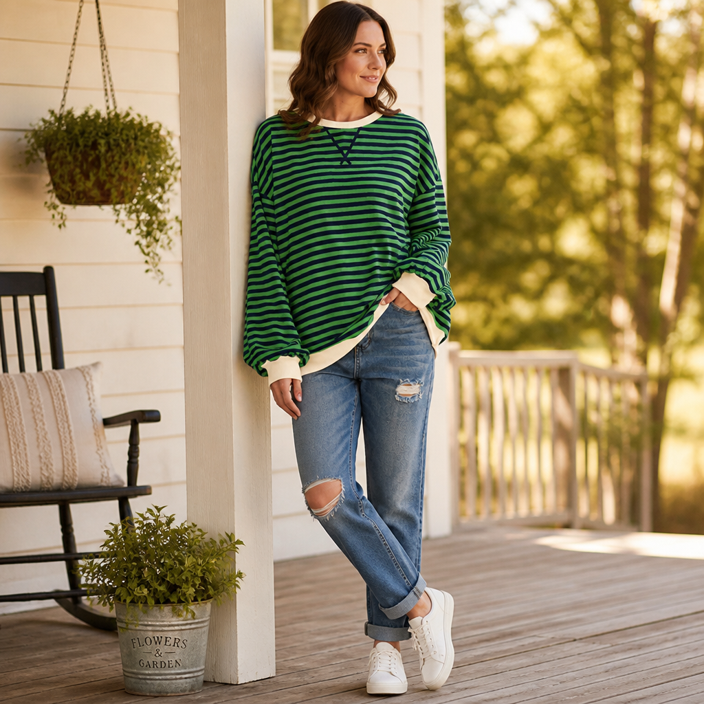 VeroLuxe – Relaxed Striped Crewneck Sweatshirt with Contrast Trim - Souliia