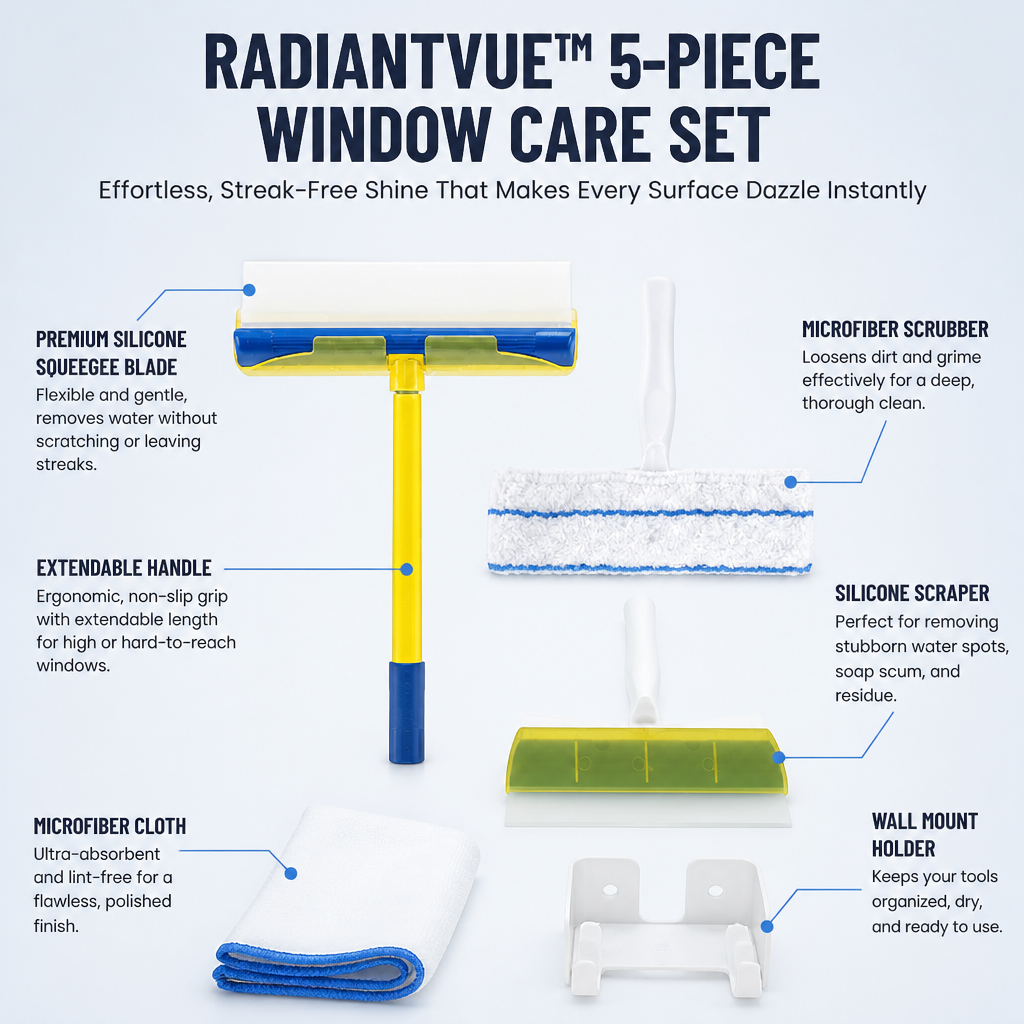 RadiantVue Σετ περιποίησης παραθύρων 5 τεμαχίων — Αβίαστη λάμψη χωρίς γραμμές που κάνει κάθε επιφάνεια να αστράφτει αμέσως - Souliia