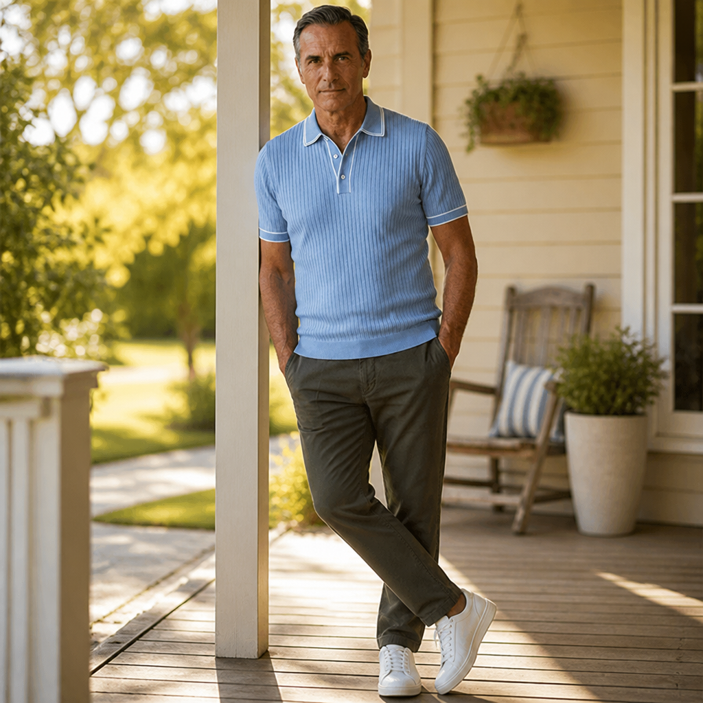 VeroStride – Retro Ribbed-Knit Polo with Contrast Tipped Collar - Souliia