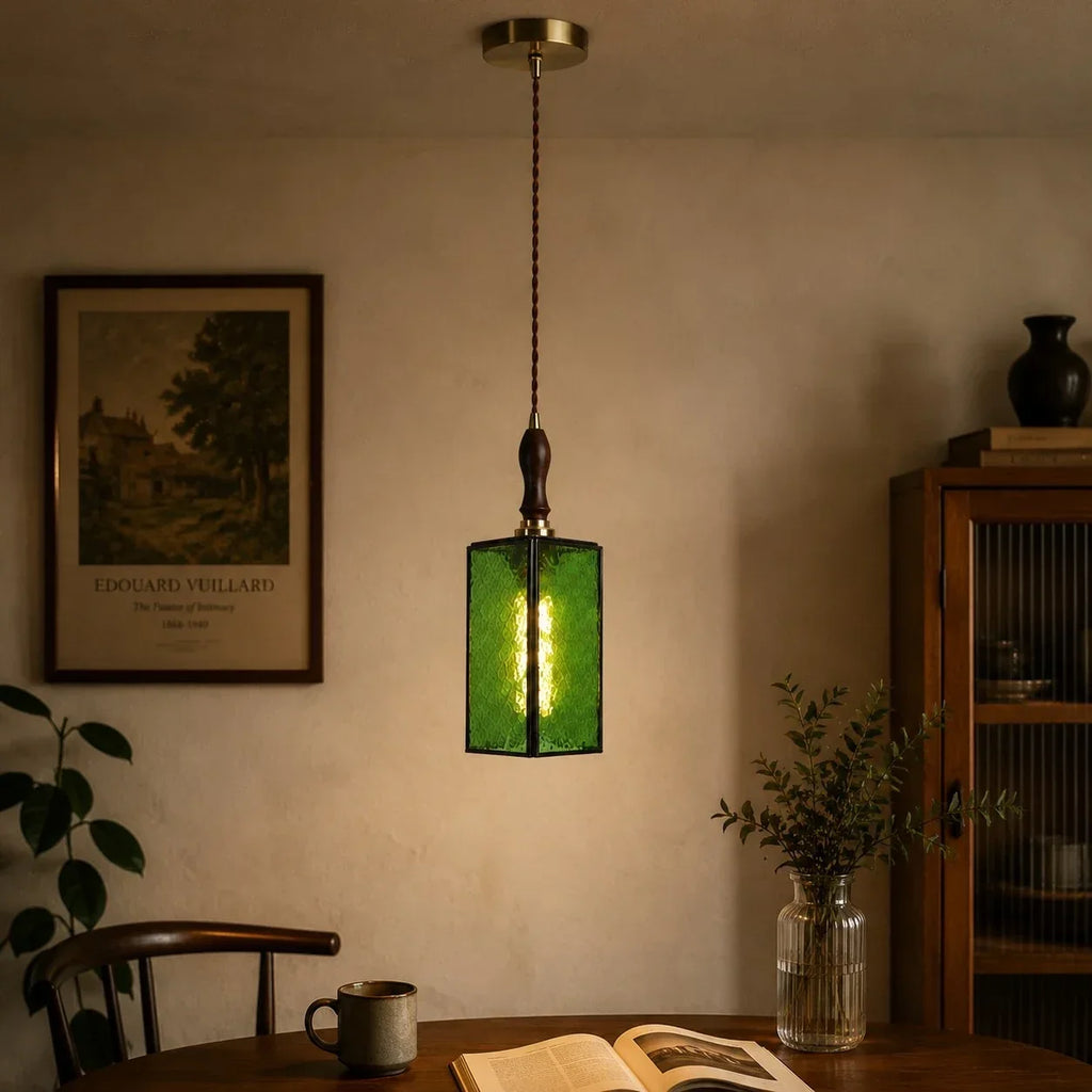 Vintage Textured Glass Pendant Light with Wood Accent | Souliia