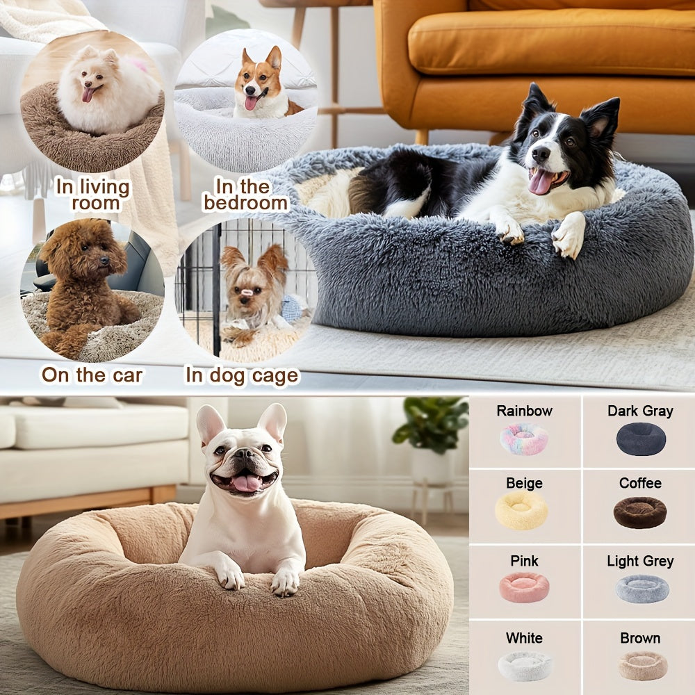 Hugafur Donut Pet Bed — Soft Faux Fur Cushion, Raised Rim Support