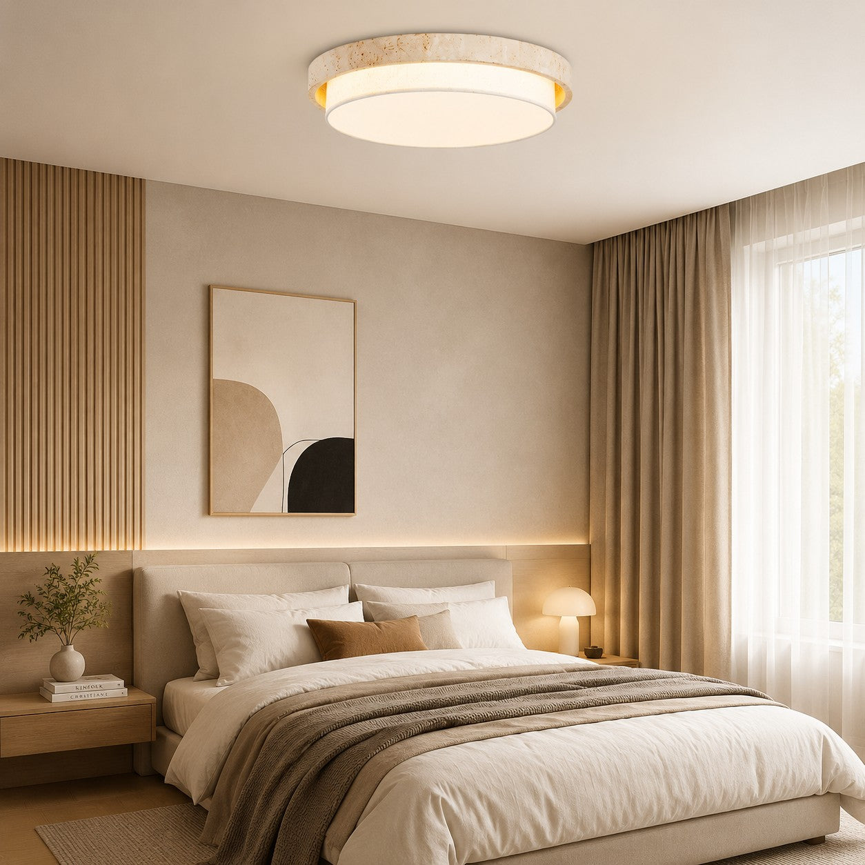 Travertine Fabric Flush Mount Ceiling Light | Souliia