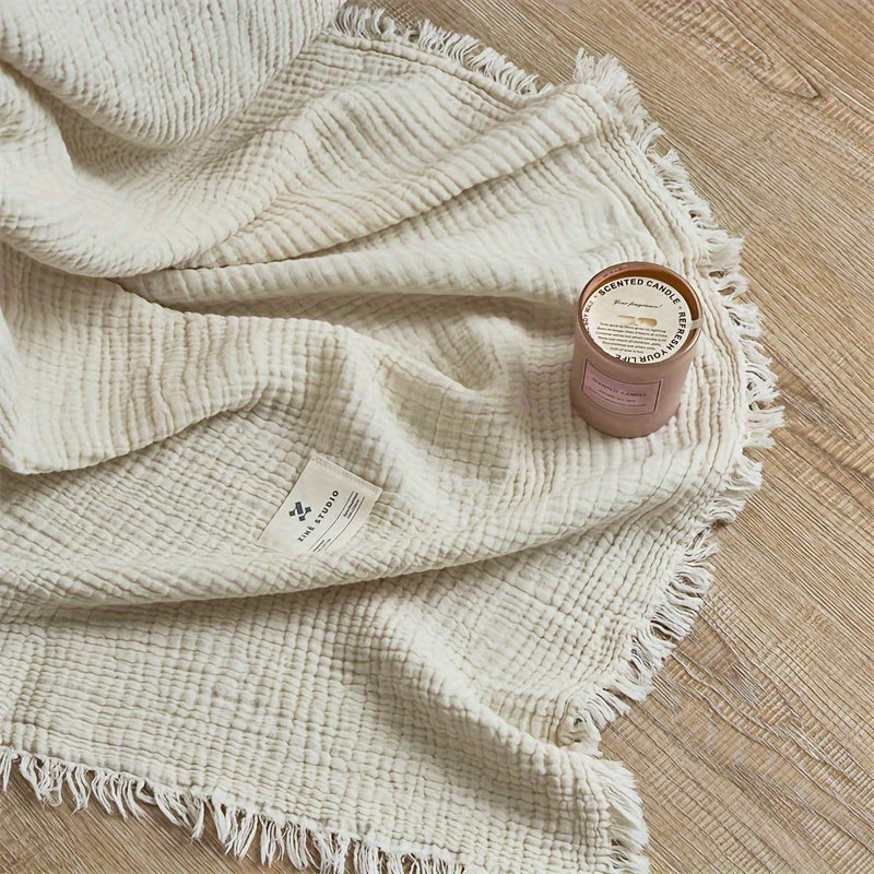 Olivebreeze Four-Layer Cotton Gauze Blanket — Elegant Fringe Trim, Lightweight Weave