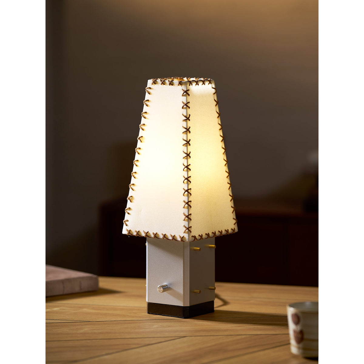 Modern Geometric Metal Table Lamp – Parchment Shade for Bedroom Nightstand Lighting | Souliia