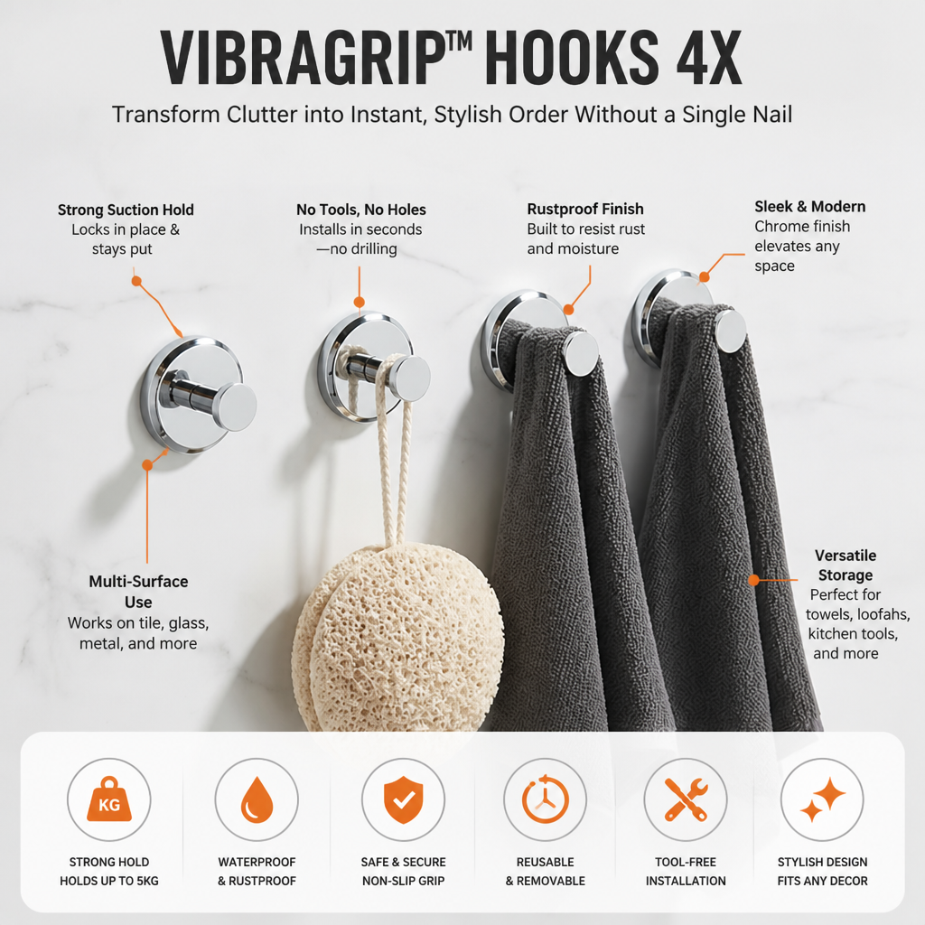 VibraGrip Hooks 4X — Transform Clutter into Instant, Stylish Order Without a Single Nail - Souliia