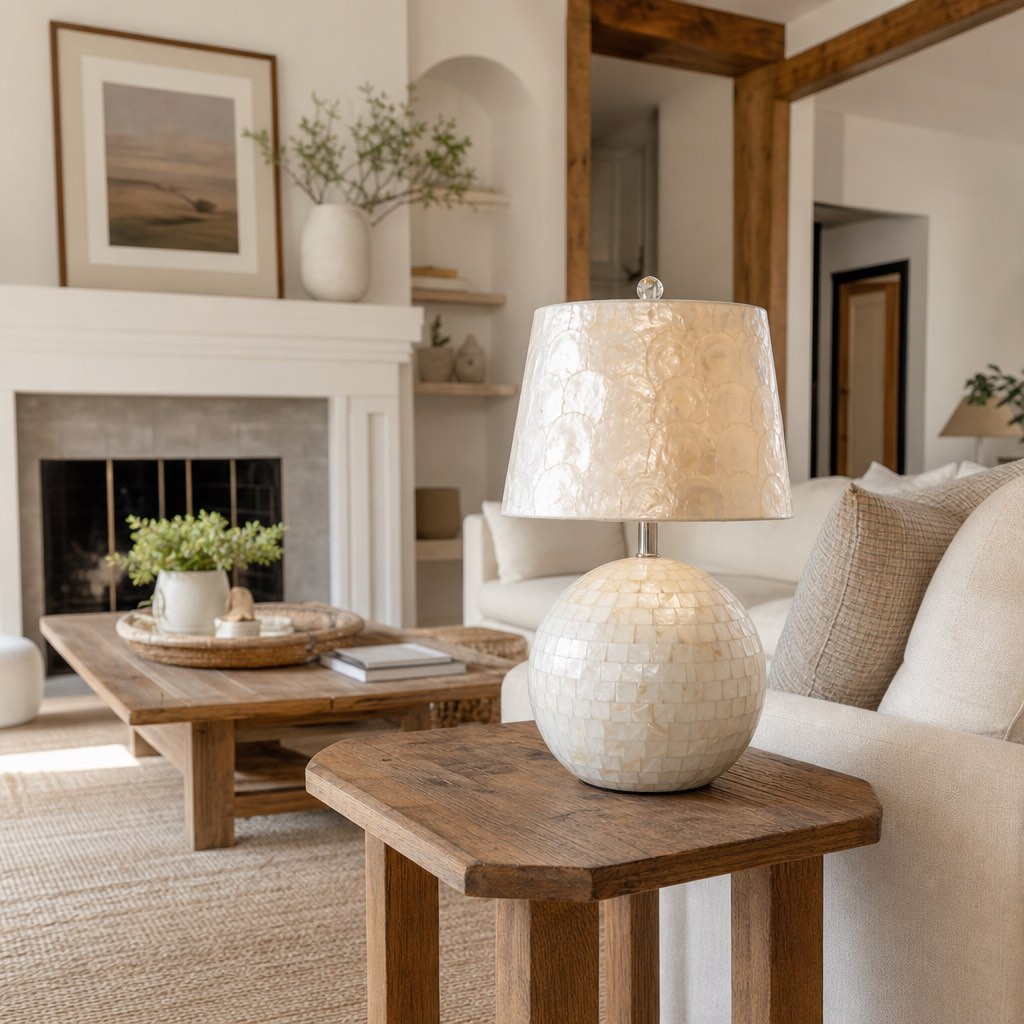Soft Shade Crafted Table Lamp with Coastal Farmhouse Style for Living Room Decor | Souliia