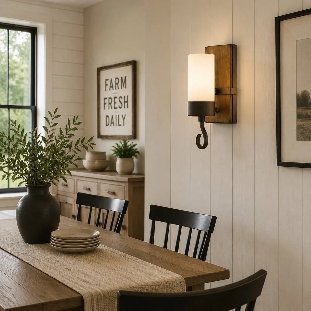Rustic Farmhouse Candle Wall Sconce with Wood Backplate | Souliia