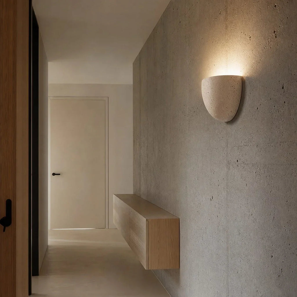 Travertine Style Wall Sconce, Off White Half Bowl Bedside Wall Light for Bedroom, Hallway and Dining Nook | Souliia