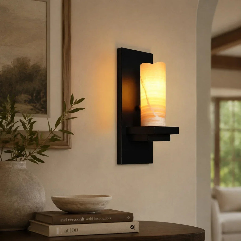 Rustic Black Metal Wall Sconce with Cream Stone-Look Shade | Souliia