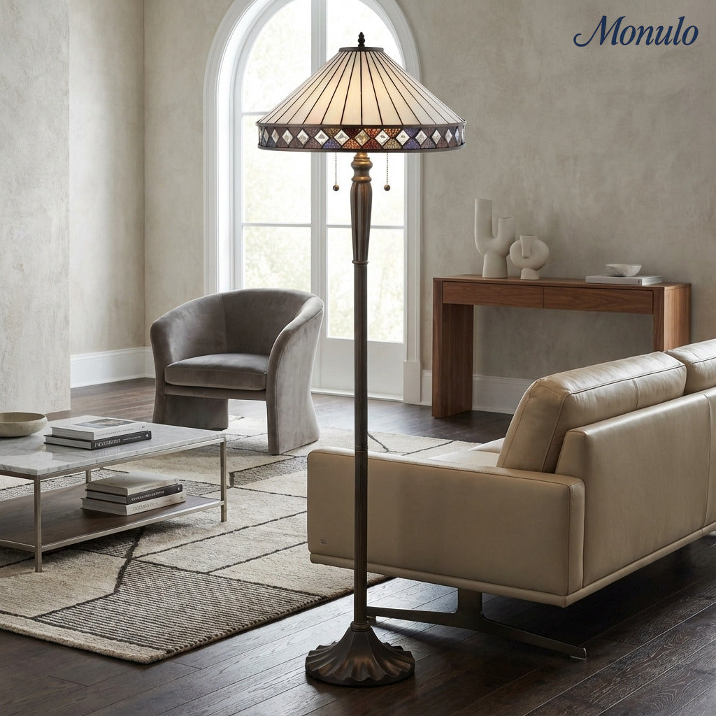 TF Geometric Stained Glass Table Lamp with Amber and Cream Panels – Tiffany Style Accent Lamp for Bedroom and Study | Souliia