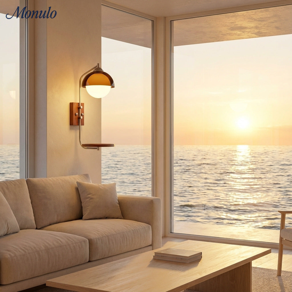 Sunset Glow Moderne Wandleuchte mit Acrylschirm und Holzstruktur-Basis für Schlafzimmer, Flur, Wohnzimmer | Souliia