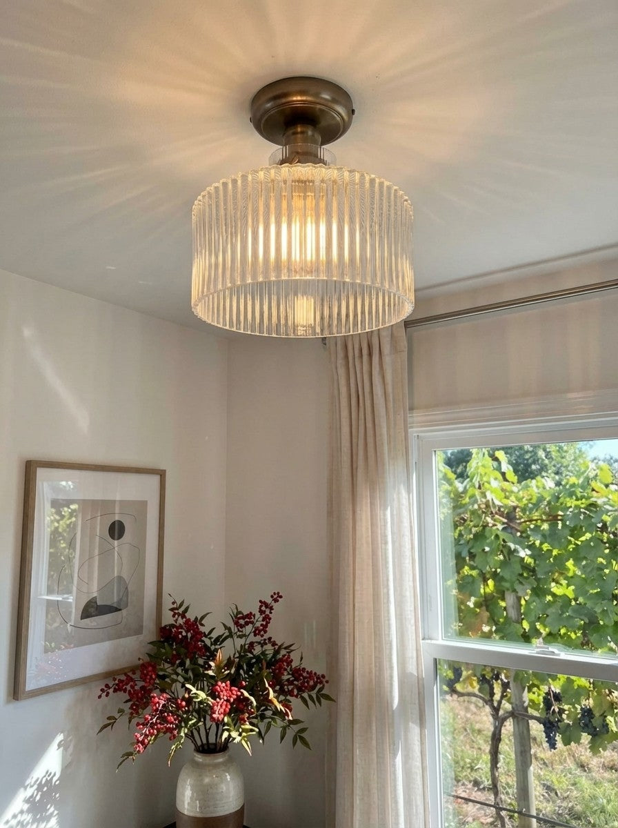 Ribora Ribbed Glass Metal Flush Mount Industrial Style - Bedroom Hallway Lighting U05 | Souliia