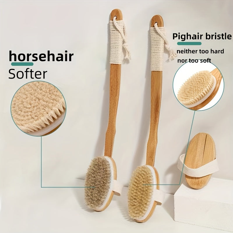 Back Wild Boar Bristle Cleaning Sponge for the Shower - Long Wooden Handle Bath Sponge Brush, soft natural bristles for back cleaning