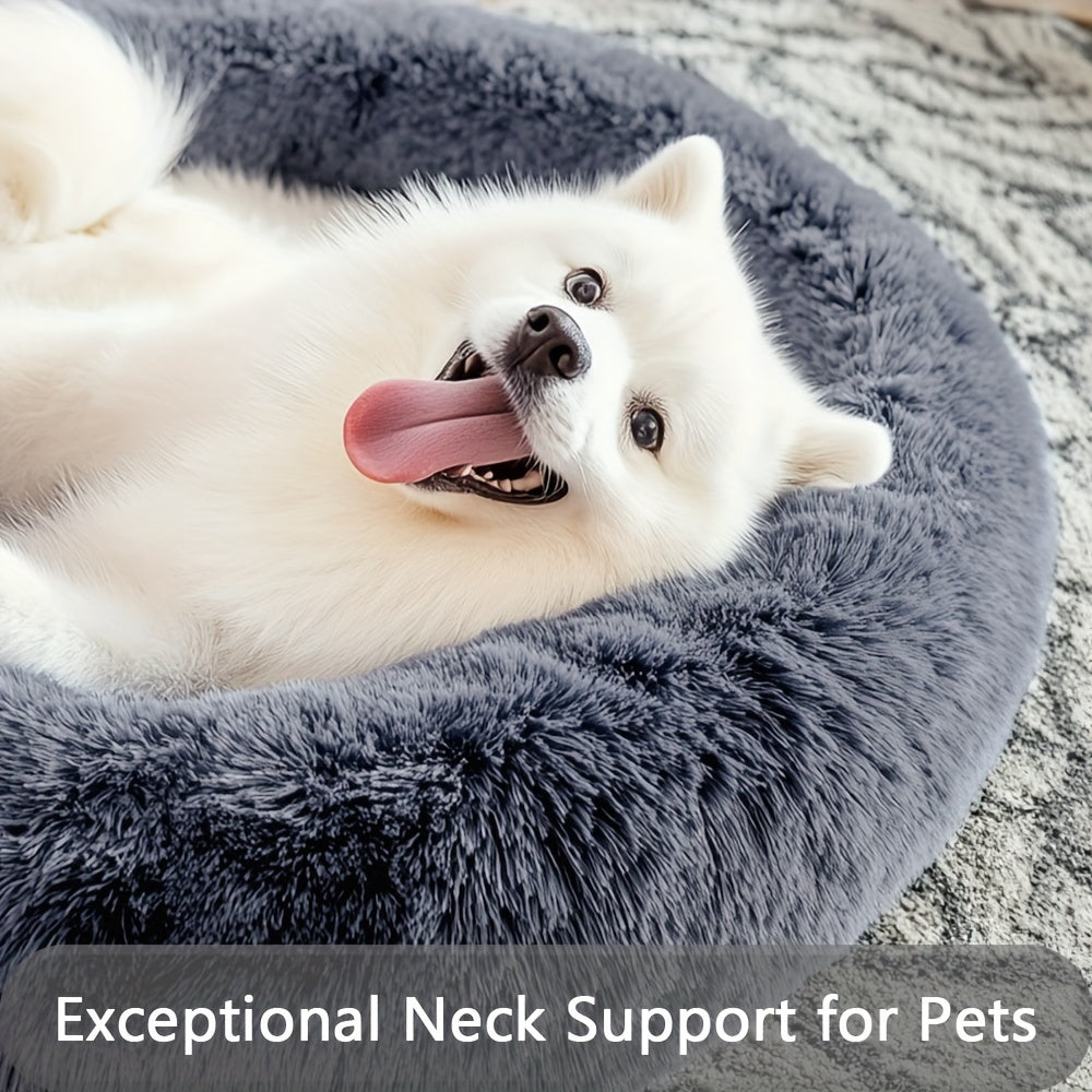 Hugafur Donut Pet Bed — Soft Faux Fur Cushion, Raised Rim Support