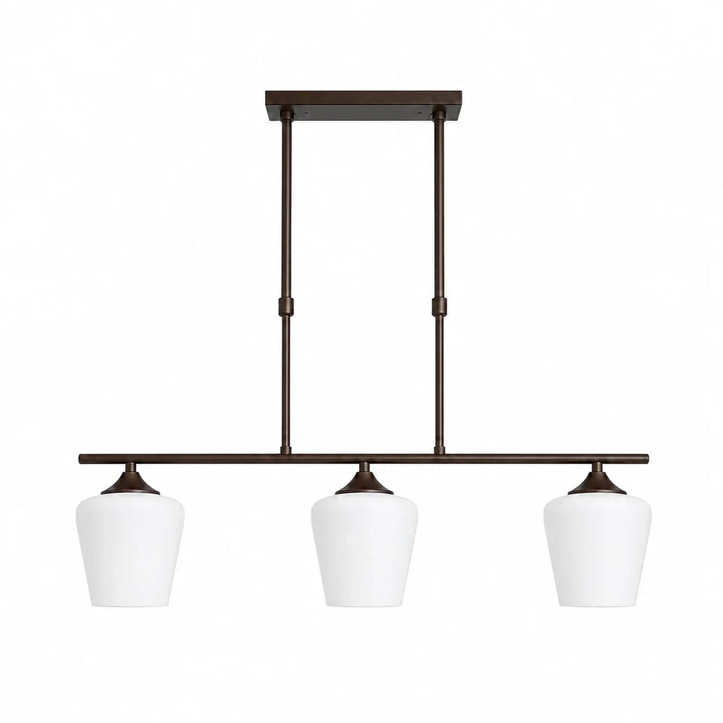 Strellux Linear Kronleuchter mit weißen Opalglas-Schirmen - Kaffee-Brauner rustikaler Stil für Esszimmer | Souliia