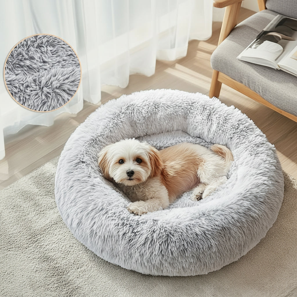Hugafur Donut Pet Bed — Soft Faux Fur Cushion, Raised Rim Support