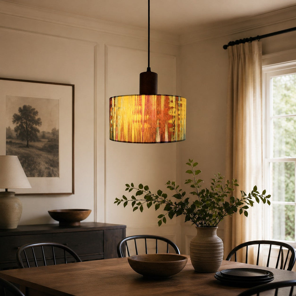 Printed Fabric Drum Pendant Light with Walnut Wood Holder | Souliia
