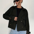 Women's Short Solid Color Trench Coat — Adjustable Button Drawstring, Clean Silhouette