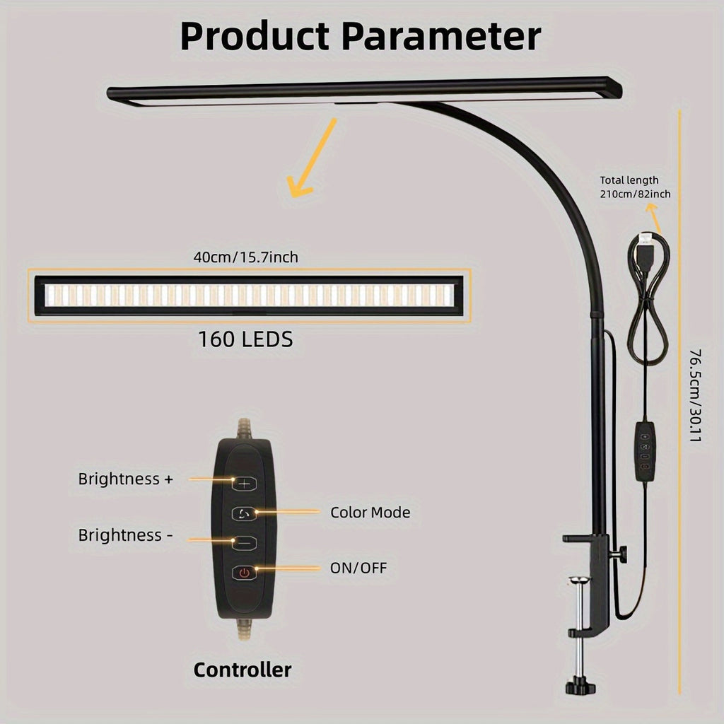 Widelux Ultra-Wide Clip-On Desk Lamp — 3-Color Temperature Control, Secure Desktop Clip