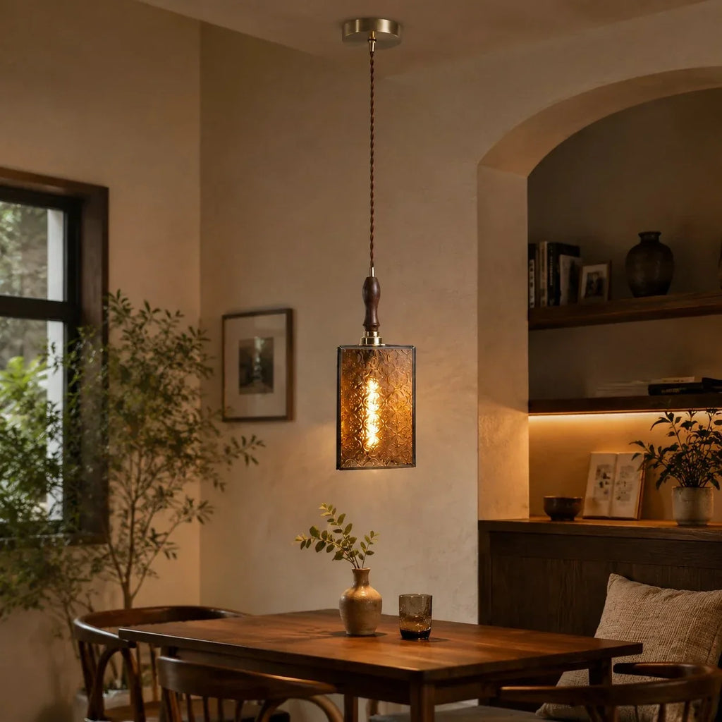 Vintage Textured Glass Pendant Light with Wood Accent | Souliia