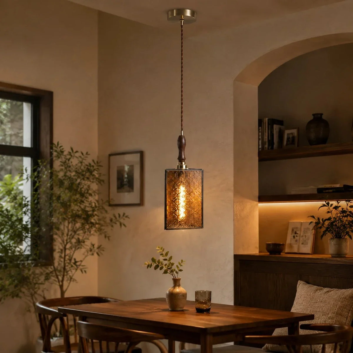 Vintage Textured Glass Pendant Light with Wood Accent | Souliia