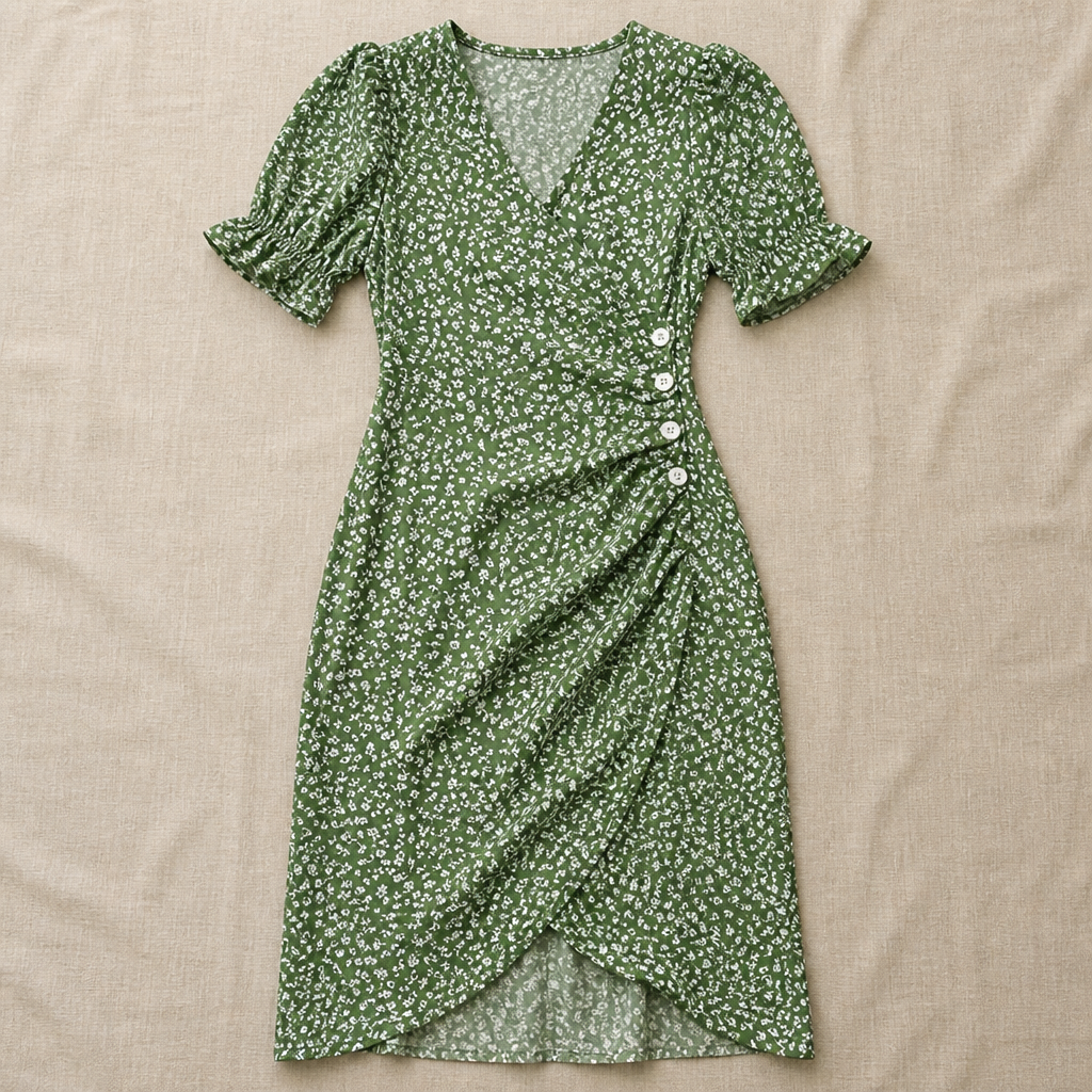 SeraphineAura – Ditsy Floral Wrap Midi Dress with Ruched Tulip Hem - Souliia
