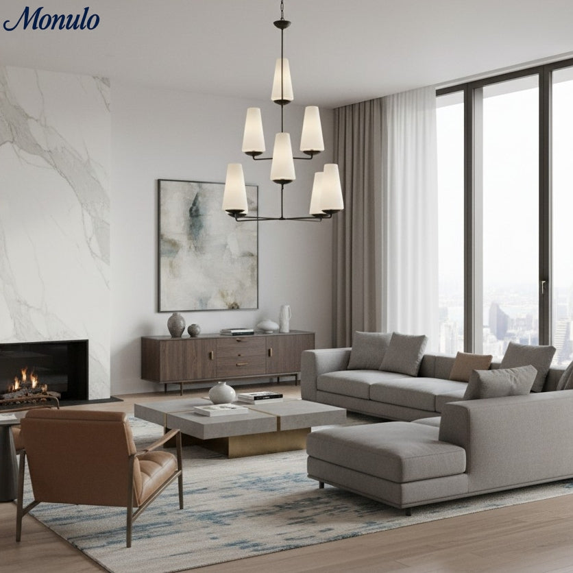 Rowan Tiered vertical Multi-Head Chandelier - Modern Metal and Fabric for Living Rooms and Foyer | Souliia