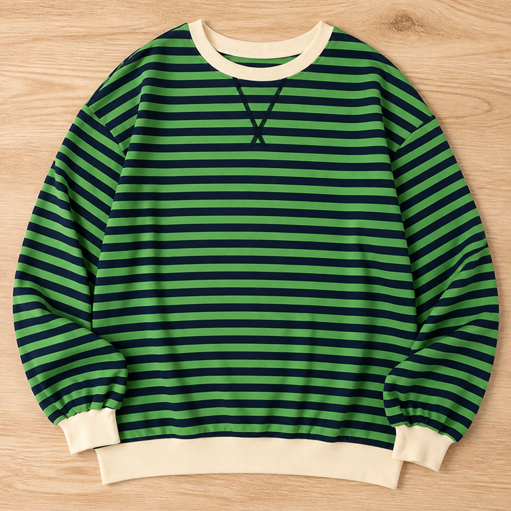 VeroLuxe – Relaxed Striped Crewneck Sweatshirt with Contrast Trim - Souliia