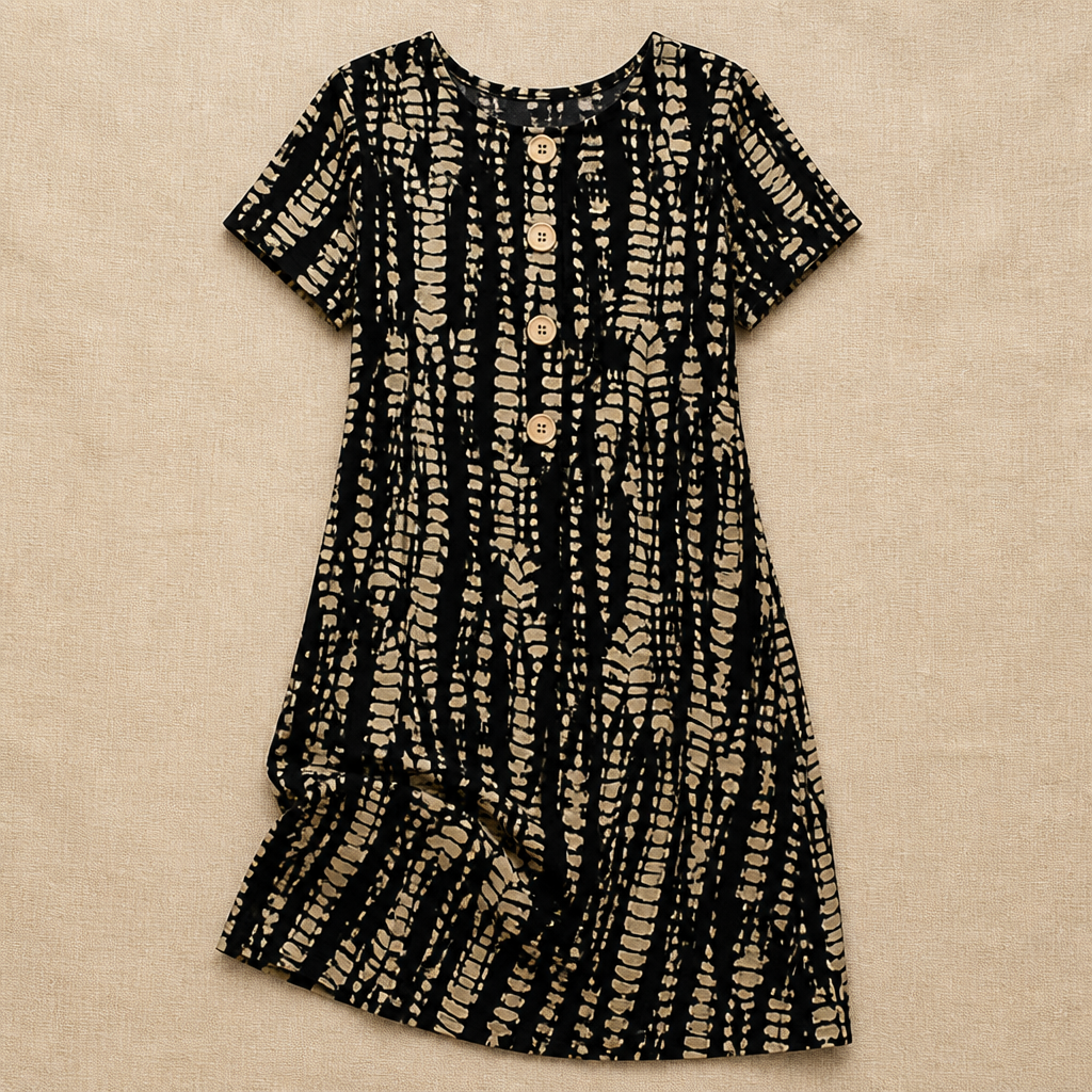 VelaMuse – Relaxed Button-Front Abstract Print Swing Dress with Pockets - Souliia