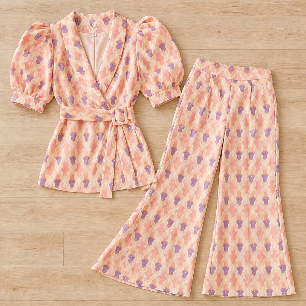 Virelli – Retro Printed Wrap Top & Flared Pant Set with Tie Belt - Souliia