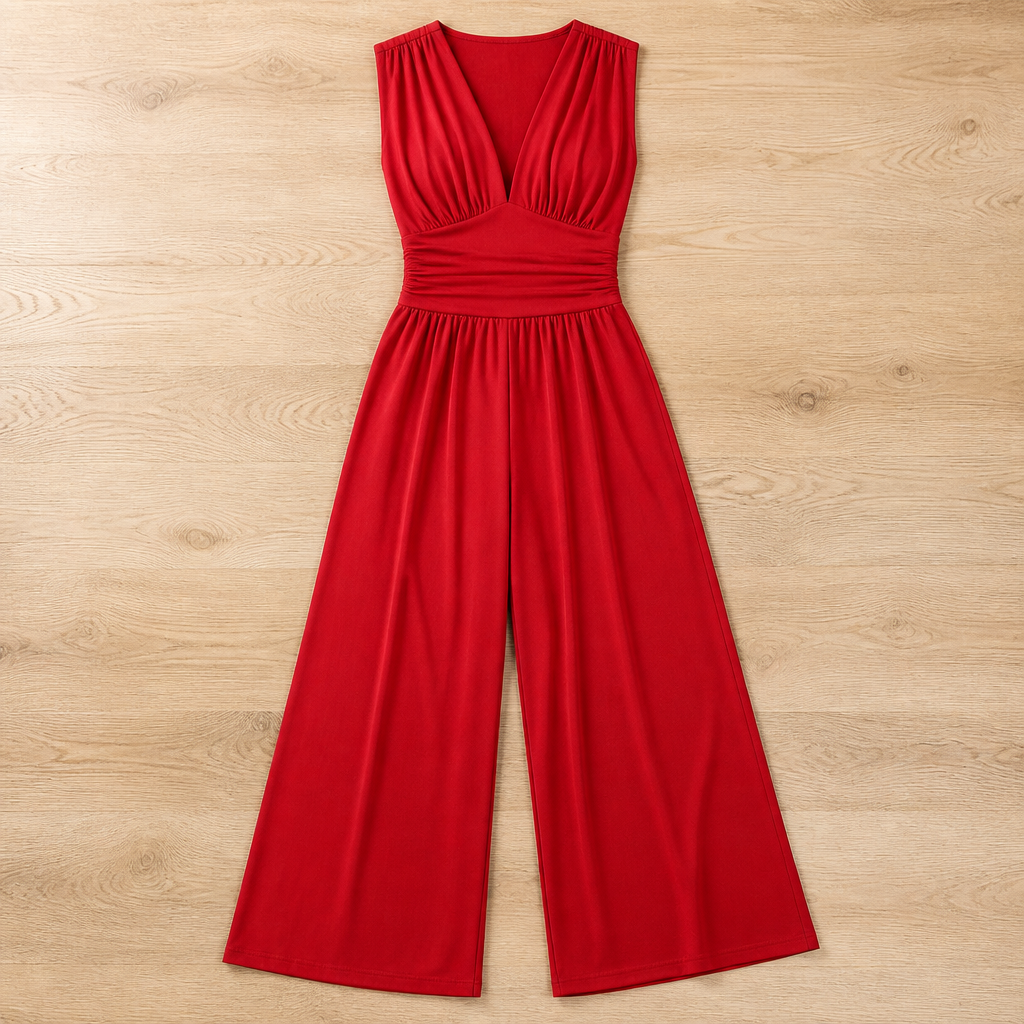 Verisse – Flowy Wide-Leg Jumpsuit with Ruched Waist and Deep V-Neck - Souliia