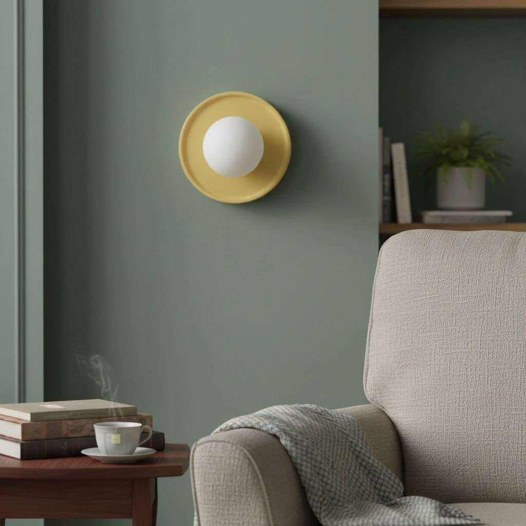Solna Minimalist Round Glass Wall Sconce with Ceramic Base for Bedroom and Hallway | Souliia