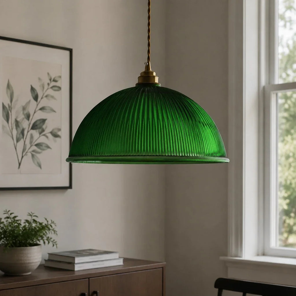 Vintage Ribbed Glass Pendant Light with Brass Accent | Souliia