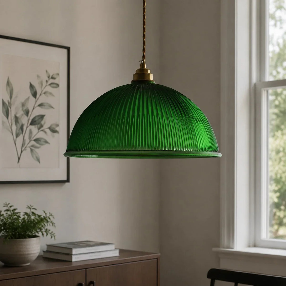 Vintage Ribbed Glass Pendant Light with Brass Accent | Souliia
