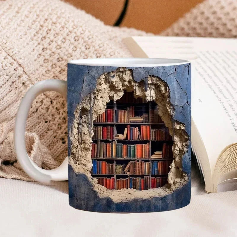 Taza con estantería de libros en 3D — regalo de café para amantes de los libros