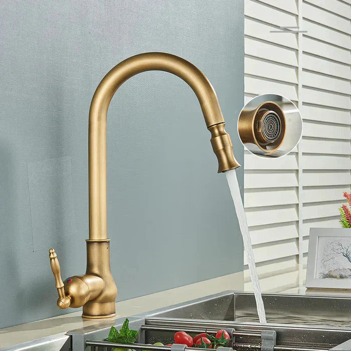 Vintage Brass Kitchen Faucet | Rotating Spout | Single Lever Control | BrassArc - Souliia