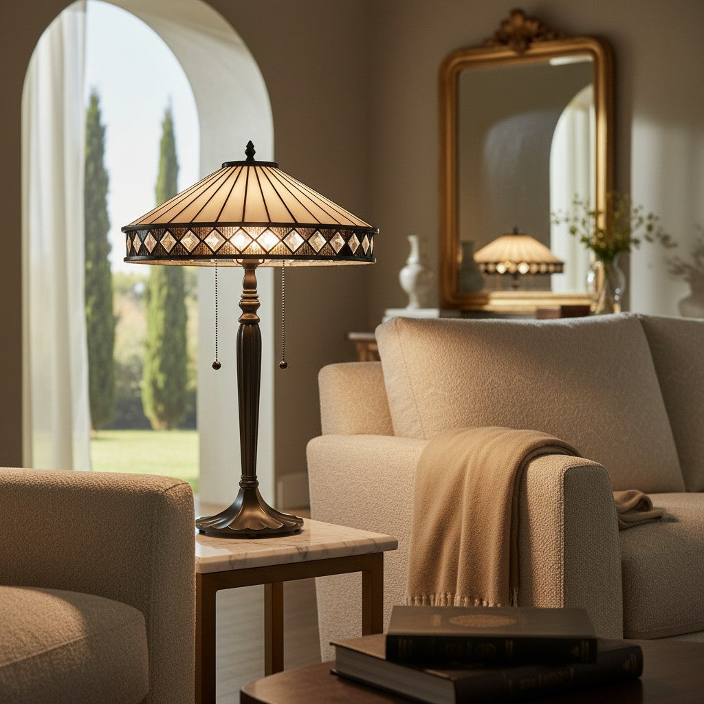TF Geometric Stained Glass Table Lamp with Amber and Cream Panels – Tiffany Style Accent Lamp for Bedroom and Study | Souliia