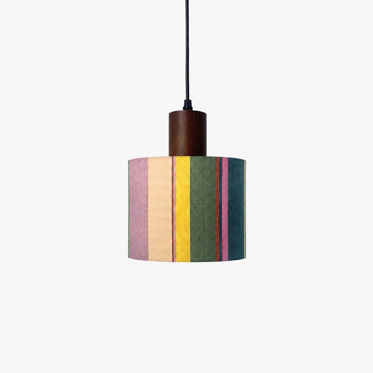 Printed Fabric Drum Pendant Light with Walnut Wood Holder | Souliia