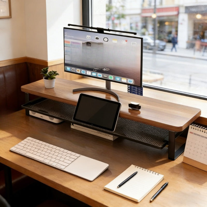 Monostand Dual-Tier Computer Stand — Raised Monitor Platform and Compact Storage Drawer