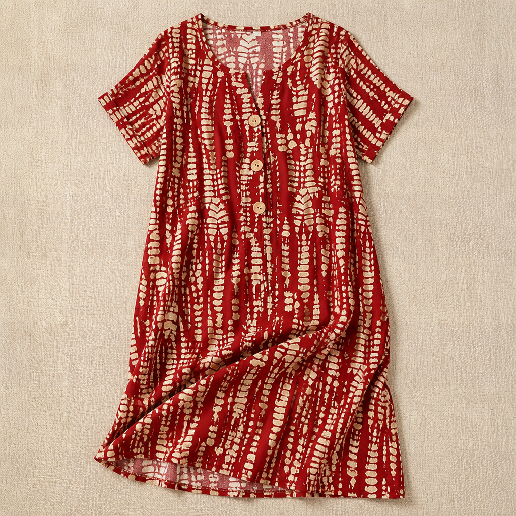 VelaMuse – Relaxed Button-Front Abstract Print Swing Dress with Pockets - Souliia