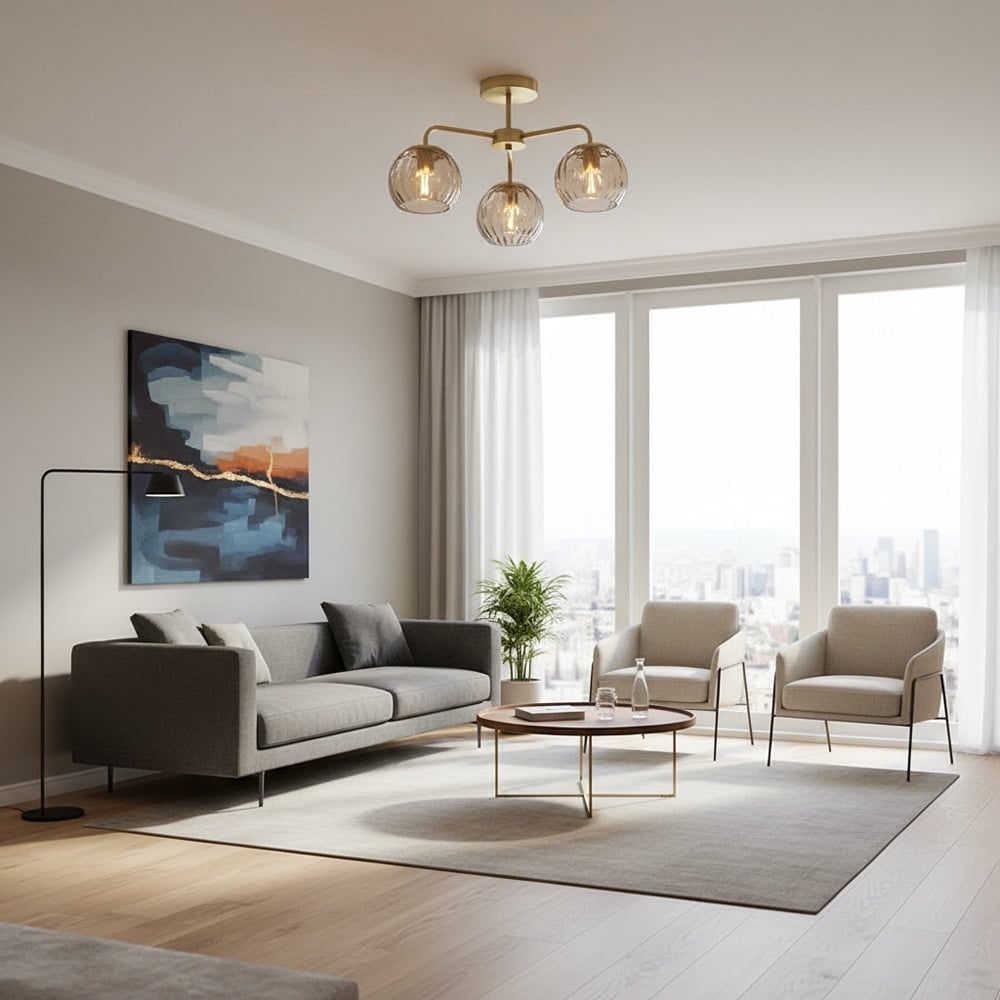 Rivolence 3 Light Brass Flush Ceiling Light – Textured Glass Shades for Living Room & Dining Space | Souliia