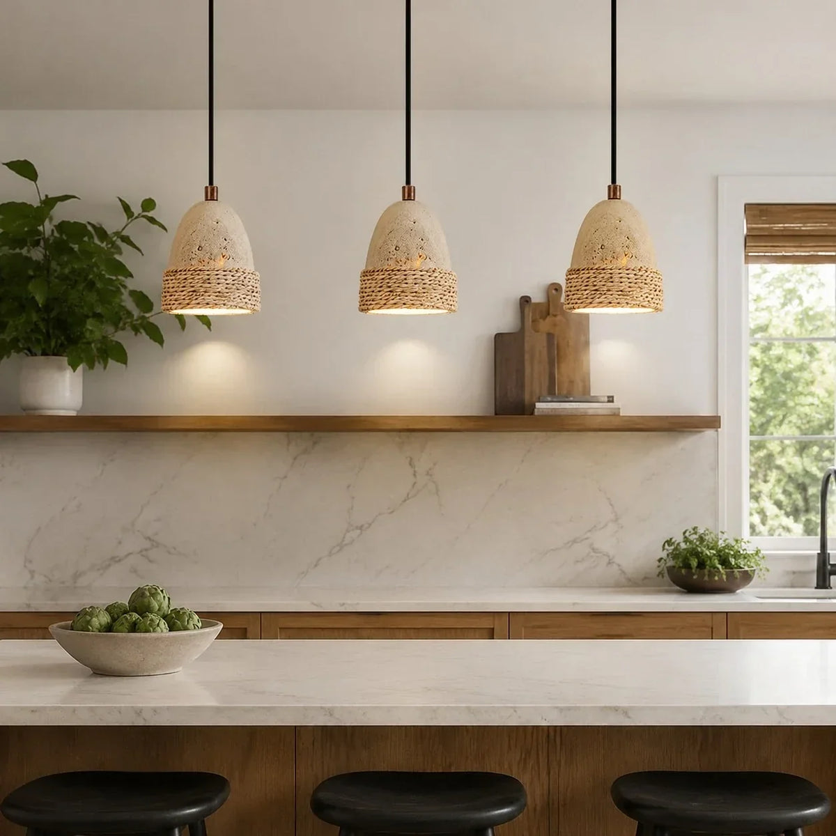 Lampada a sospensione in pietra intrecciata in stile wabi-sabi con opzioni a una o tre luci | Souliia