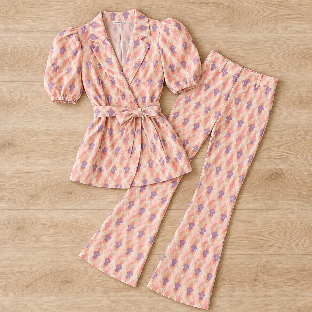 Virelli – Retro Printed Wrap Top & Flared Pant Set with Tie Belt - Souliia