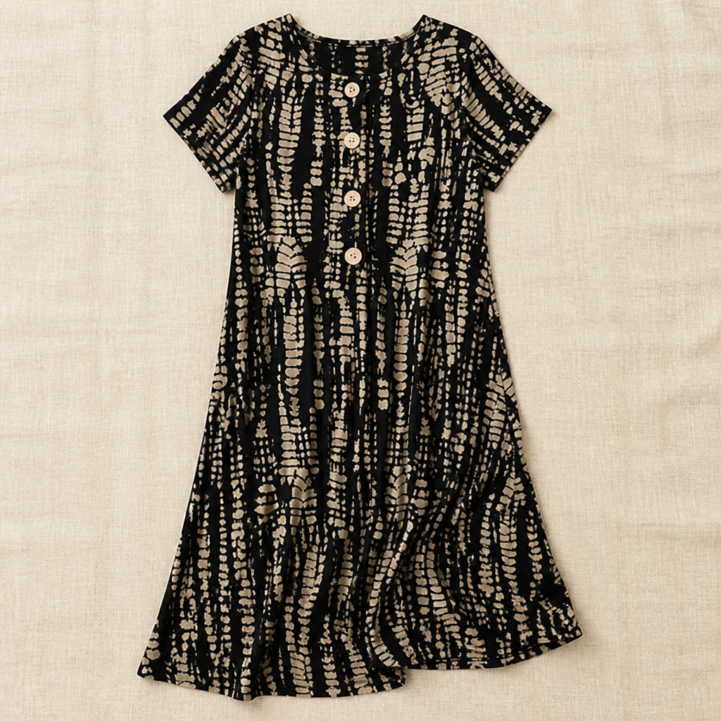 VelaMuse – Relaxed Button-Front Abstract Print Swing Dress with Pockets - Souliia