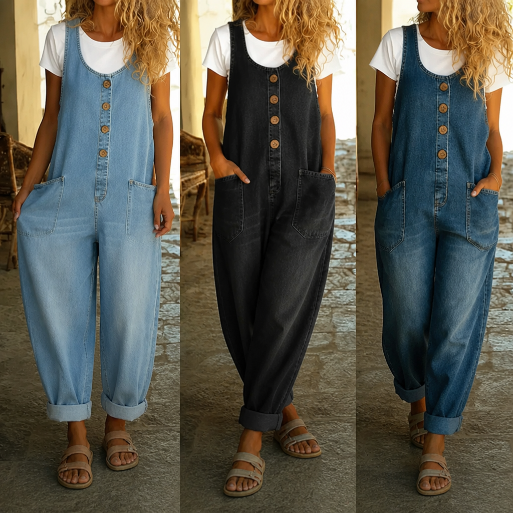VelaStream – Combinaison en denim décontractée à boutons sur le devant avec poches spacieuses - Souliia